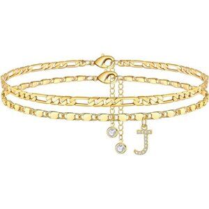 Ankle Bracelets for Women,14K GoldPlated Dainty Layered Chain CZ Initial Anklets